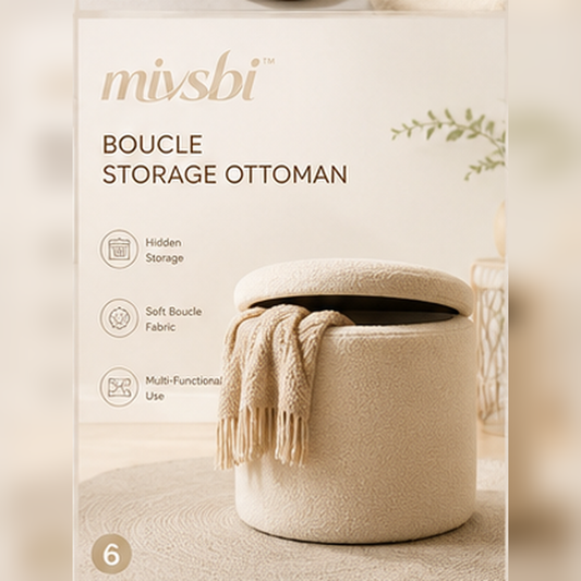 mivsbi round cream boucle ottoman with hidden storage