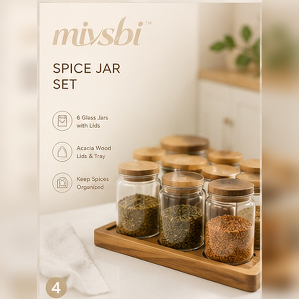 mivsbi glass spice jar set with acacia wood lids and storage tray